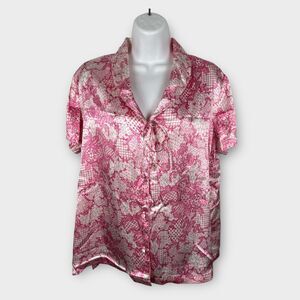 Vintage Printed Pink Floral Lace Satin Tie Front Short Sleeve Sleep Shirt Large